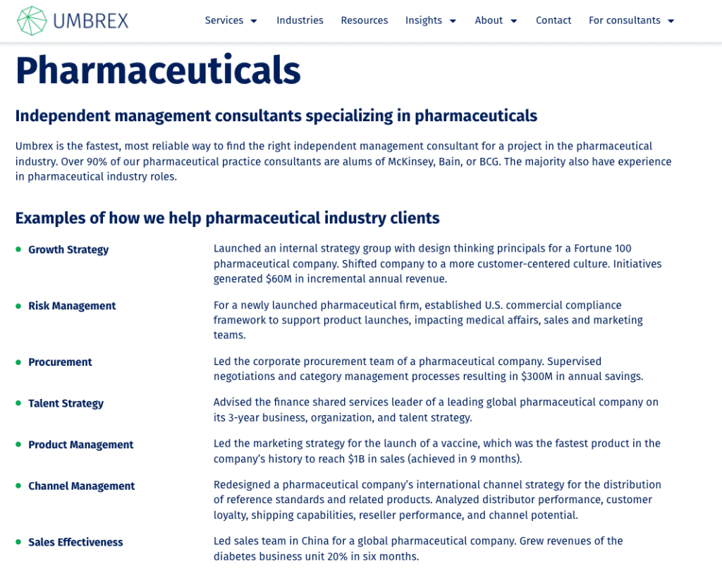 Umbrex top pharmaceuticals industry consulting firm