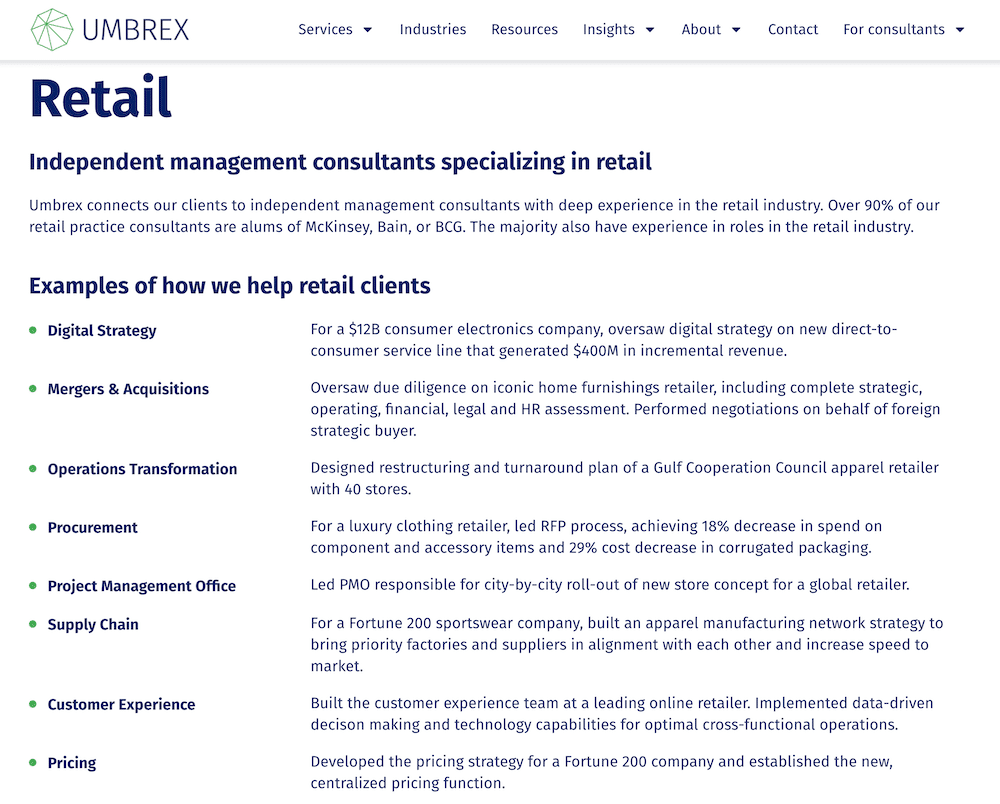 Umbrex is a top retail consulting firm