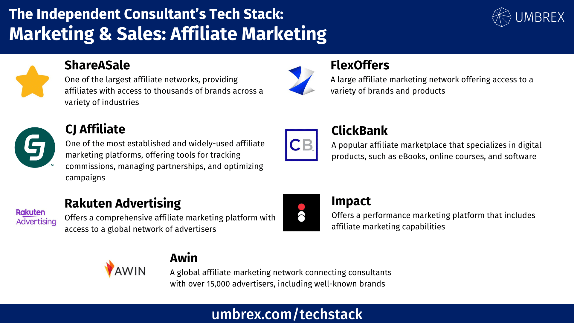 Affiliate Marketing Independent Consultant Tech Stack including ShareASale, CJ Affiliate, Rakuten Advertising, ClickBank, FlexOffers, Awin and Impact
