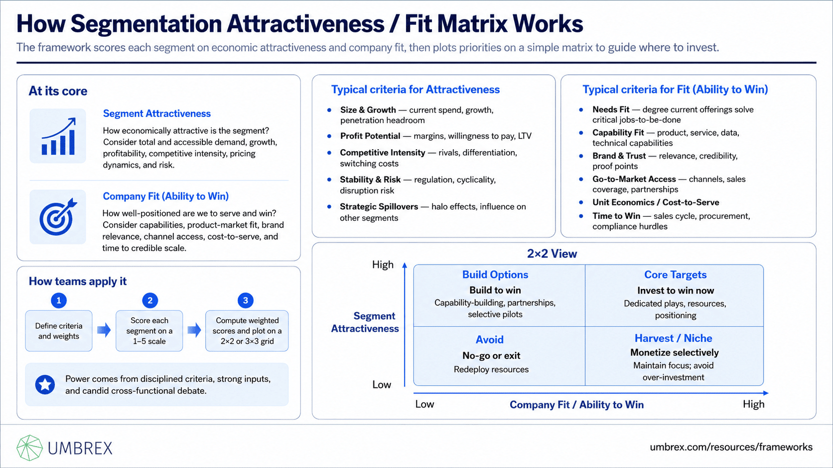 Segmentation Attractiveness / Fit Matrix, specifically how this framework works, including market segment evaluation, customer attractiveness, strategic fit, competitive position, growth potential, profitability, capability assessment, prioritization, and portfolio decision-making.