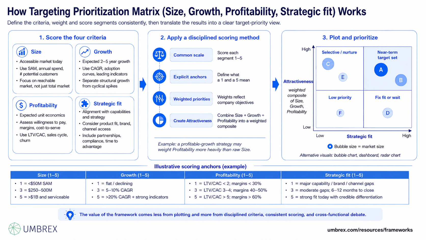 Targeting Prioritization Matrix (Size, Growth, Profitability, Strategic Fit), specifically how this framework works, including market segment evaluation, market size, growth potential, profitability analysis, strategic fit assessment, opportunity scoring, prioritization, resource allocation, and target market selection.